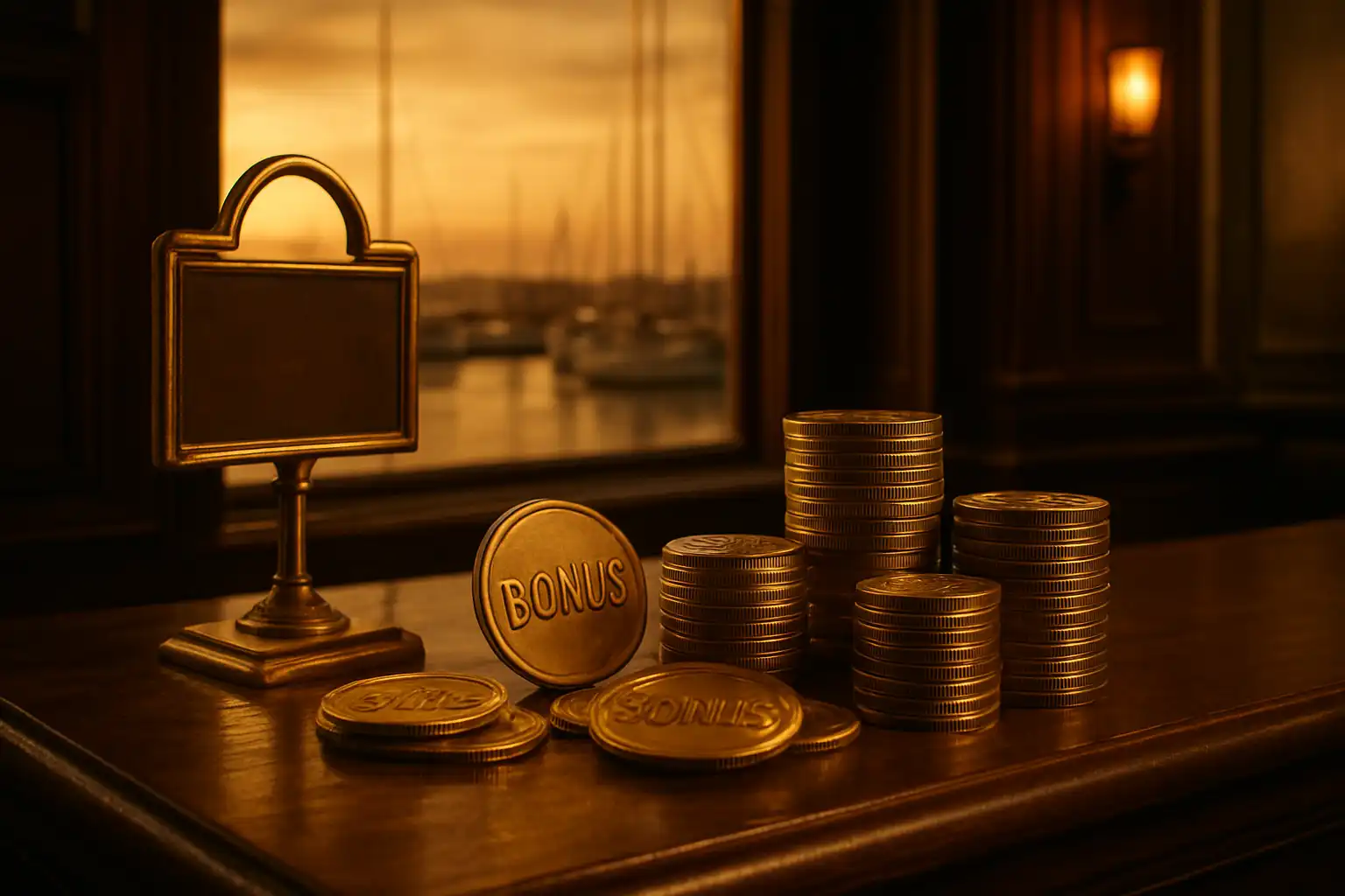 Brass bonus token on a timber harbor terminal counter at MetroBetz
