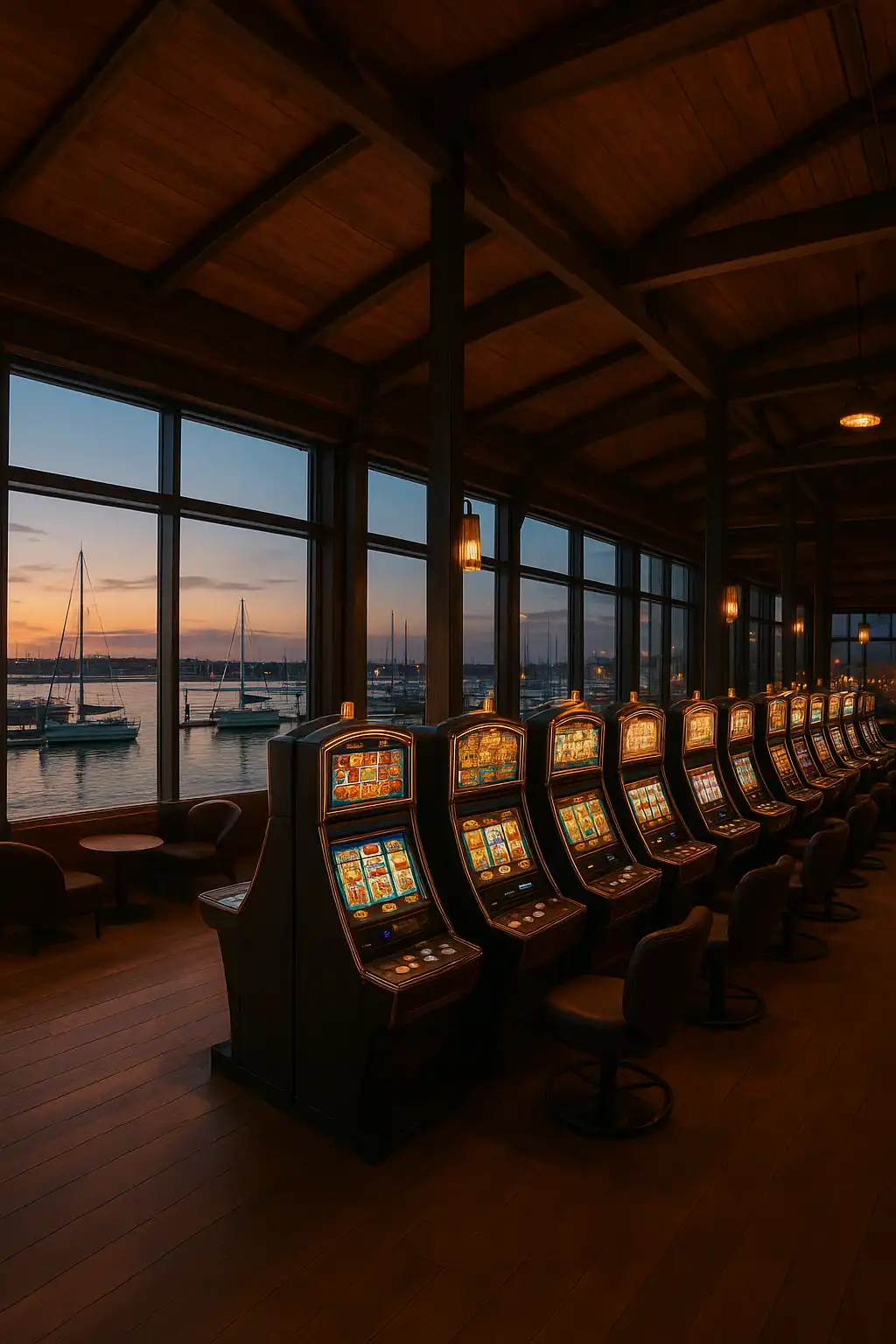MetroBetz harbor terminal lounge with elegant slot machines and a marina view at dusk