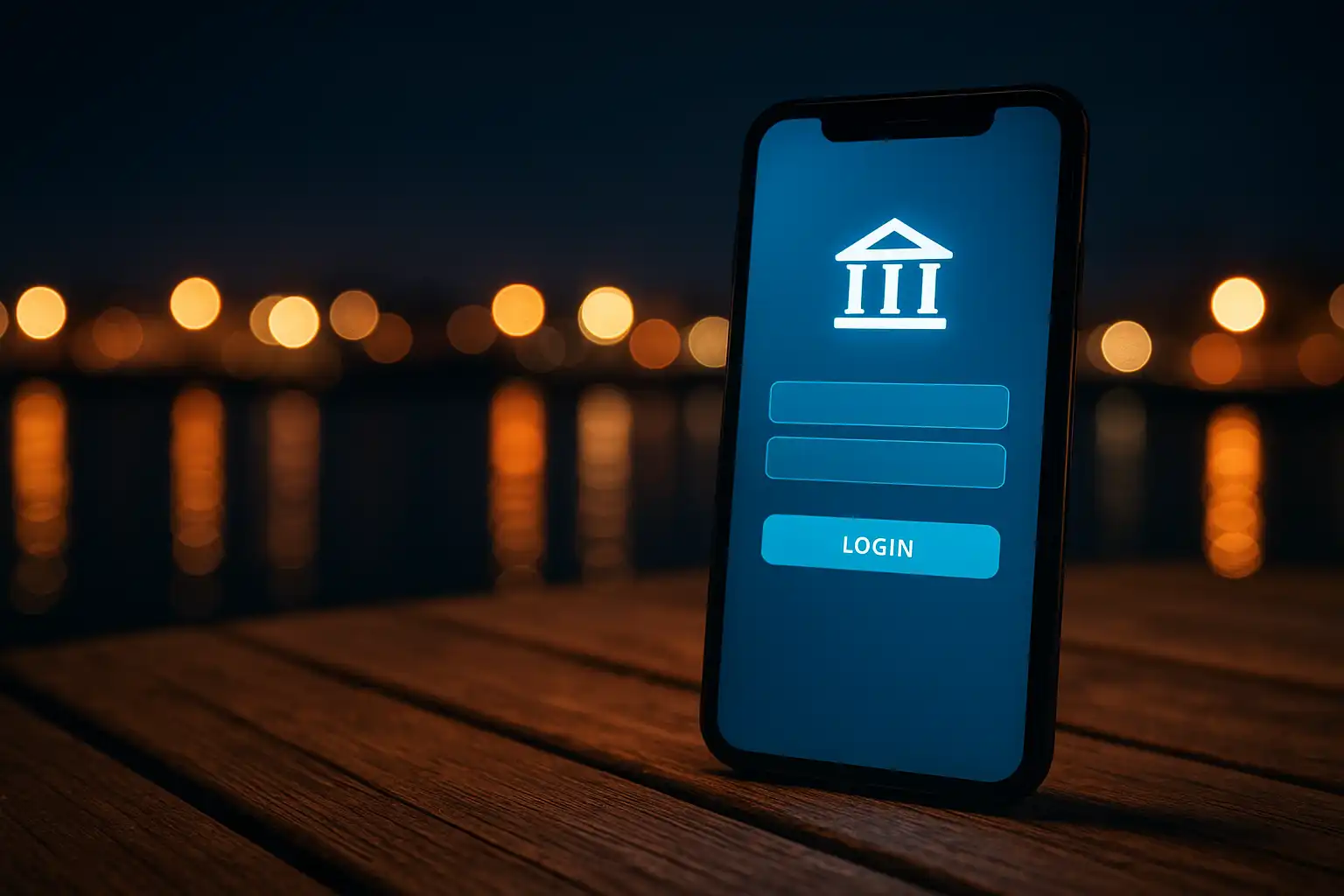 Instant bank login terminal on the MetroBetz harbor dock at night