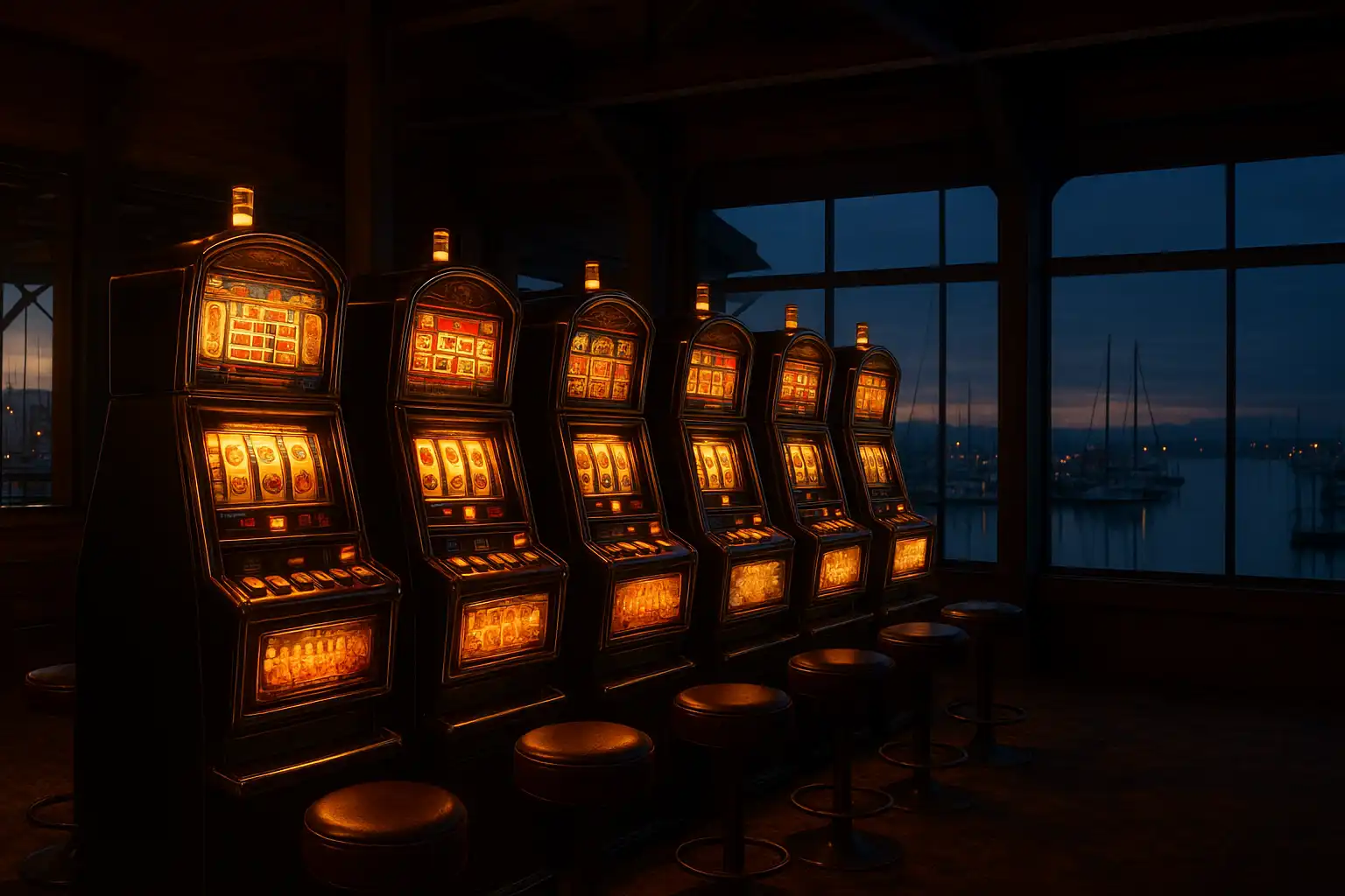 Row of elegant slot cabinets on the MetroBetz harbor terminal floor at dusk